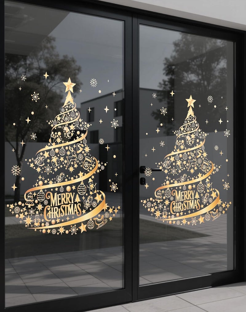 Nullyda Christmas Tree Window Clings for Glass, 19.69 * 15.75 Inch Large Golden Snowflake & Tree Decals, Removable Sticker for Glass Wall Mural Door Showcase DIY Christmas Decor - 2 Pack (Style A) - Image 1